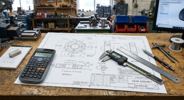 Engineering workspace with gear assembly blueprint, calculator, digital caliper, ruler, and drafting tools on a wooden table.