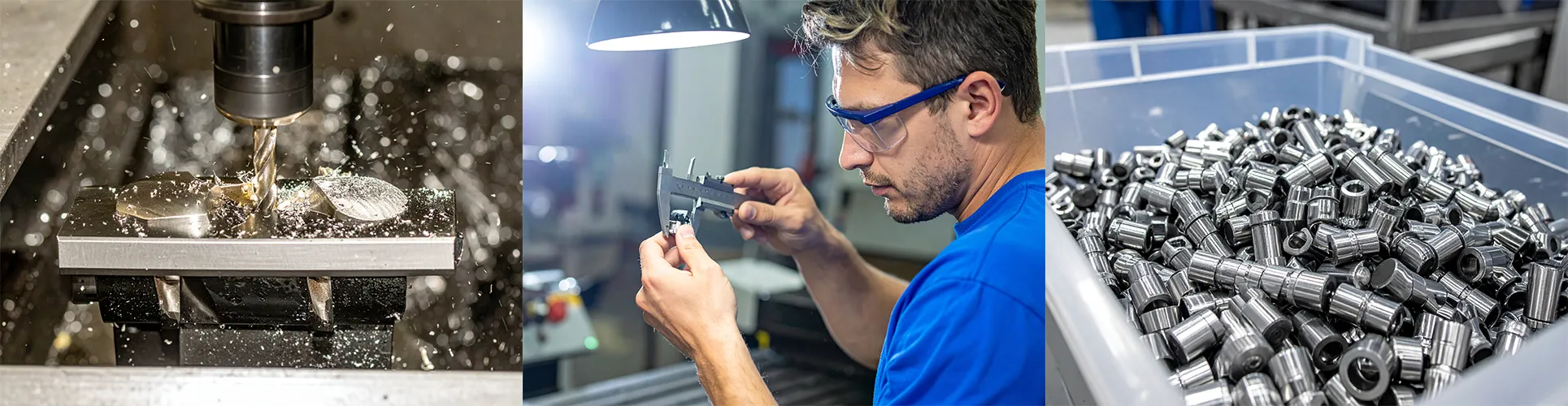 CNC milling cutter machining a metal part as metal chips fly.