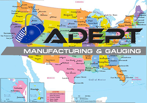 Map of the United States with the Adept logo superimposed on it
