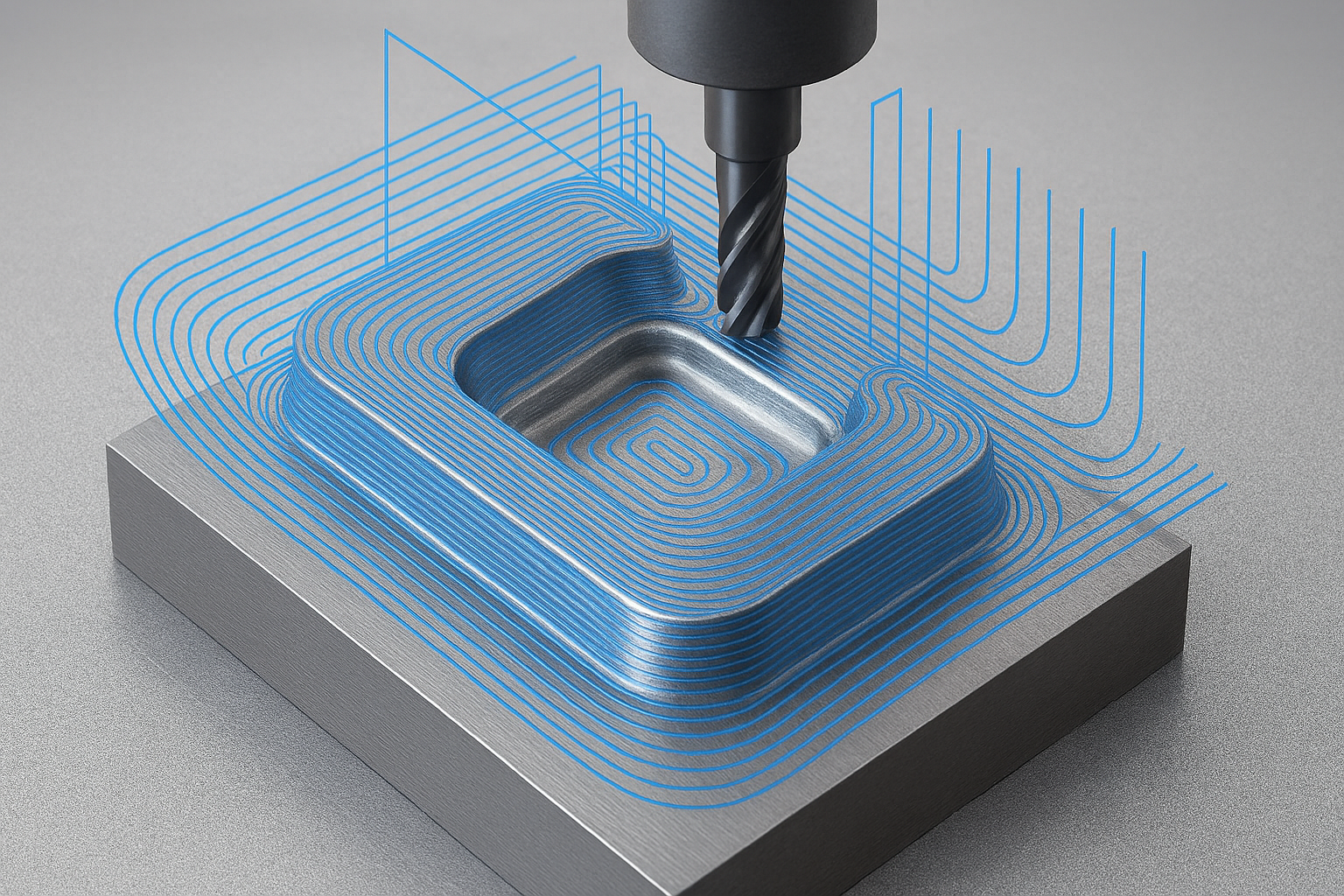Image of a simulated CNC machine toolpath, using blue lines to represent the path itself.