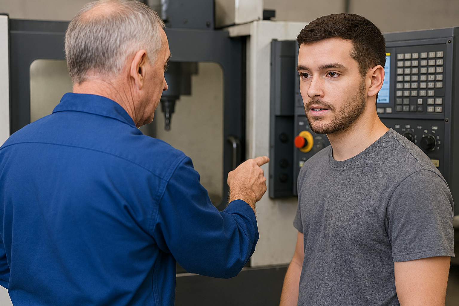 A white haired experiecned worker in a blue shirt with a young worker weraing a grey t-shirt  in front of a CNC mazchine