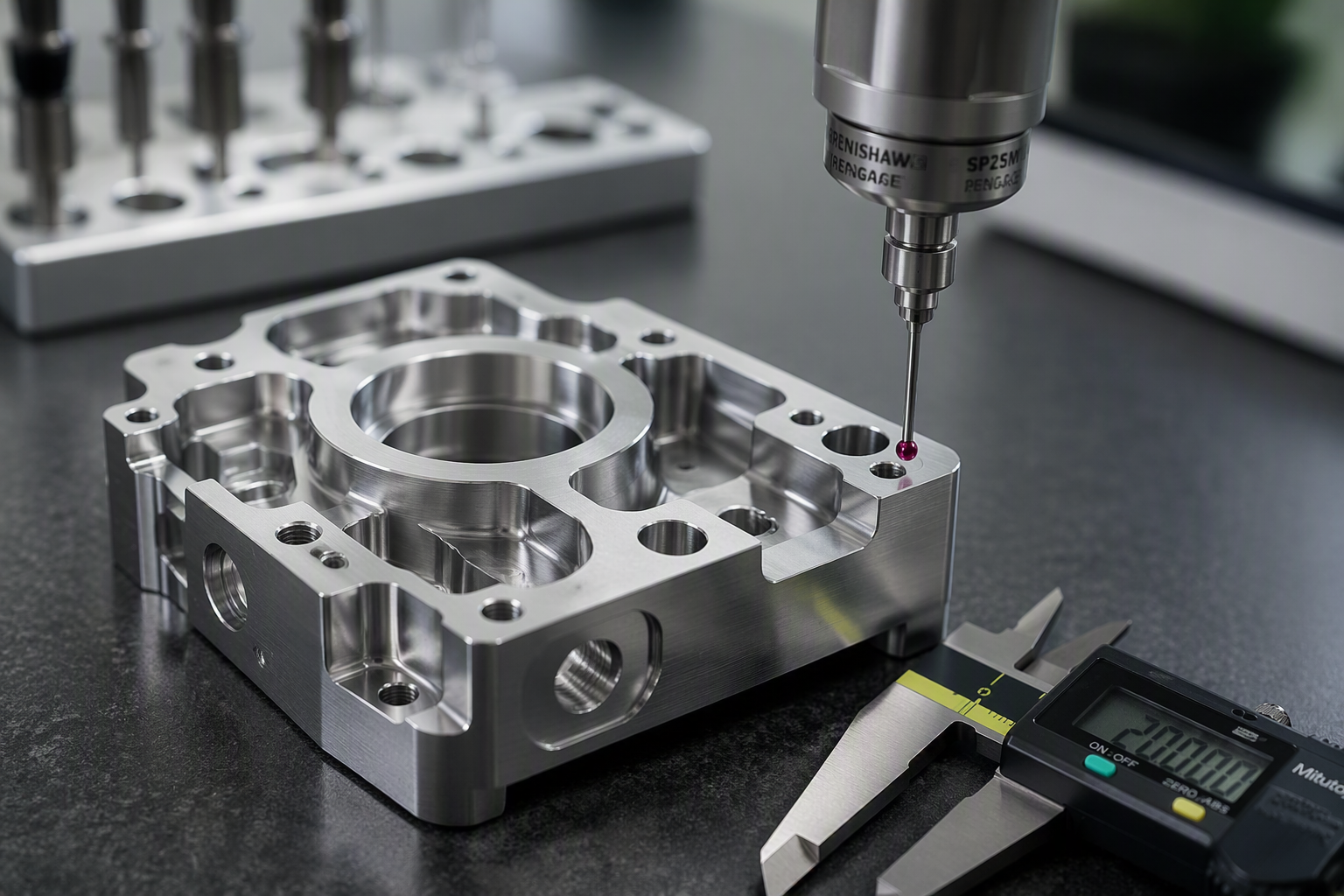 A precision measuring probe inspects a metal part near a digital caliper on a black surface.