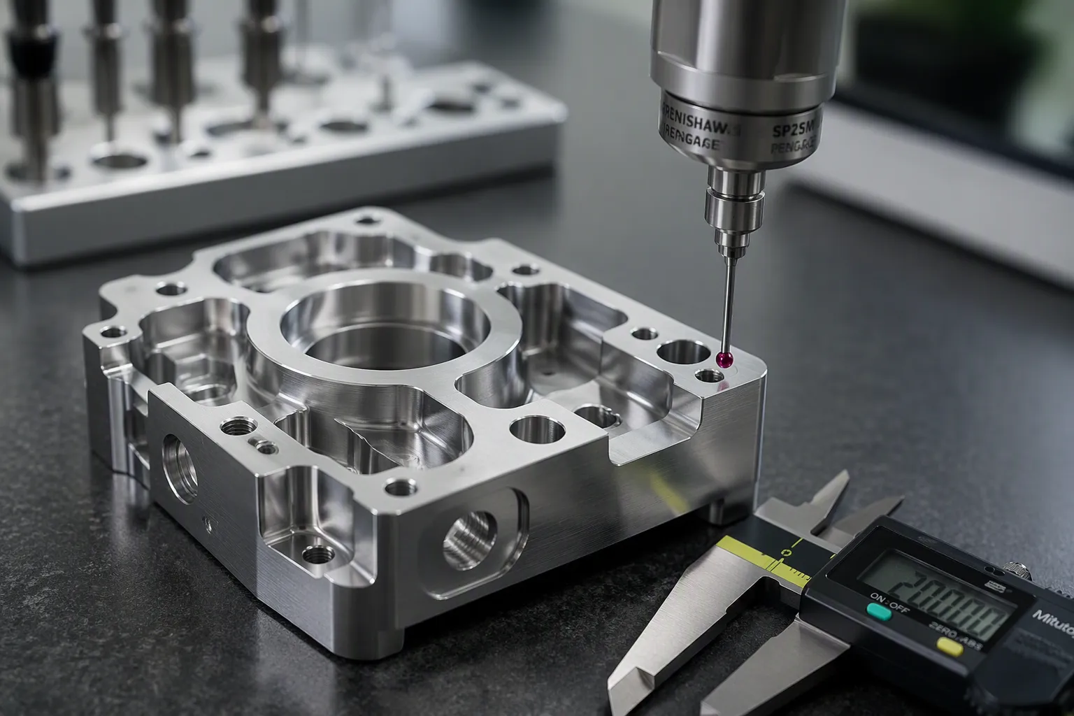 A precision measuring probe inspects a metal part near a digital caliper on a black surface.