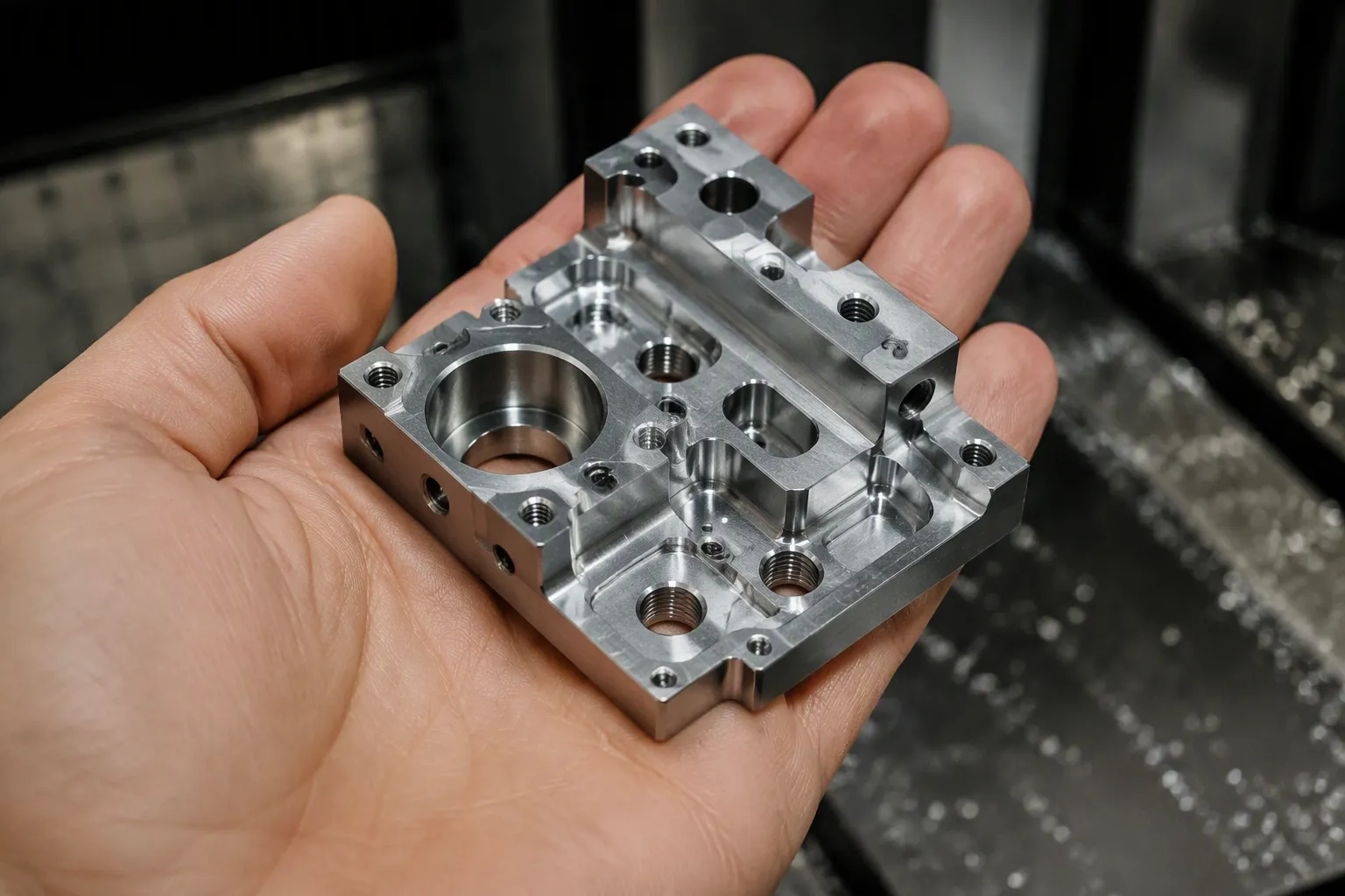 Hand holding a small, intricate machined part