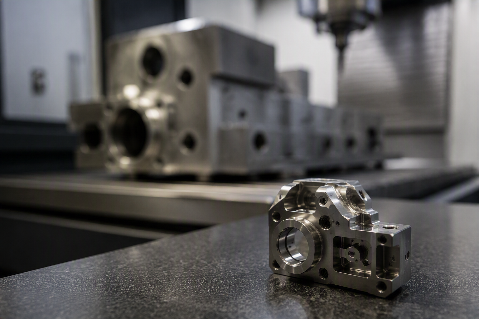 Close-up of a shiny metal machined part on a granite surface in a precision workshop.