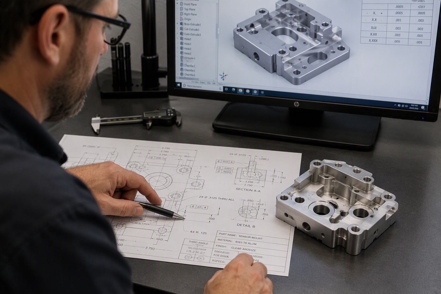 Engineer reviewing a technical drawing and CAD model of a sensor mount next to its machined metal part.