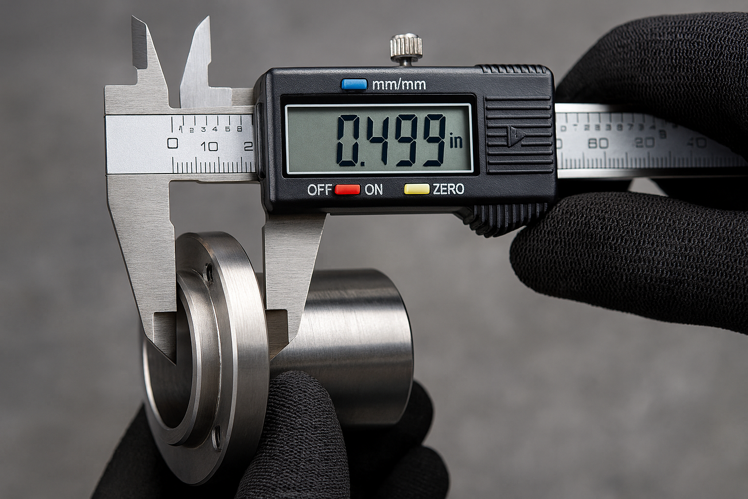 Person wearing black gloves measuring a part susing a gauge