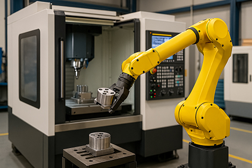 CNC machine being loaded by a yellow robotic arm 