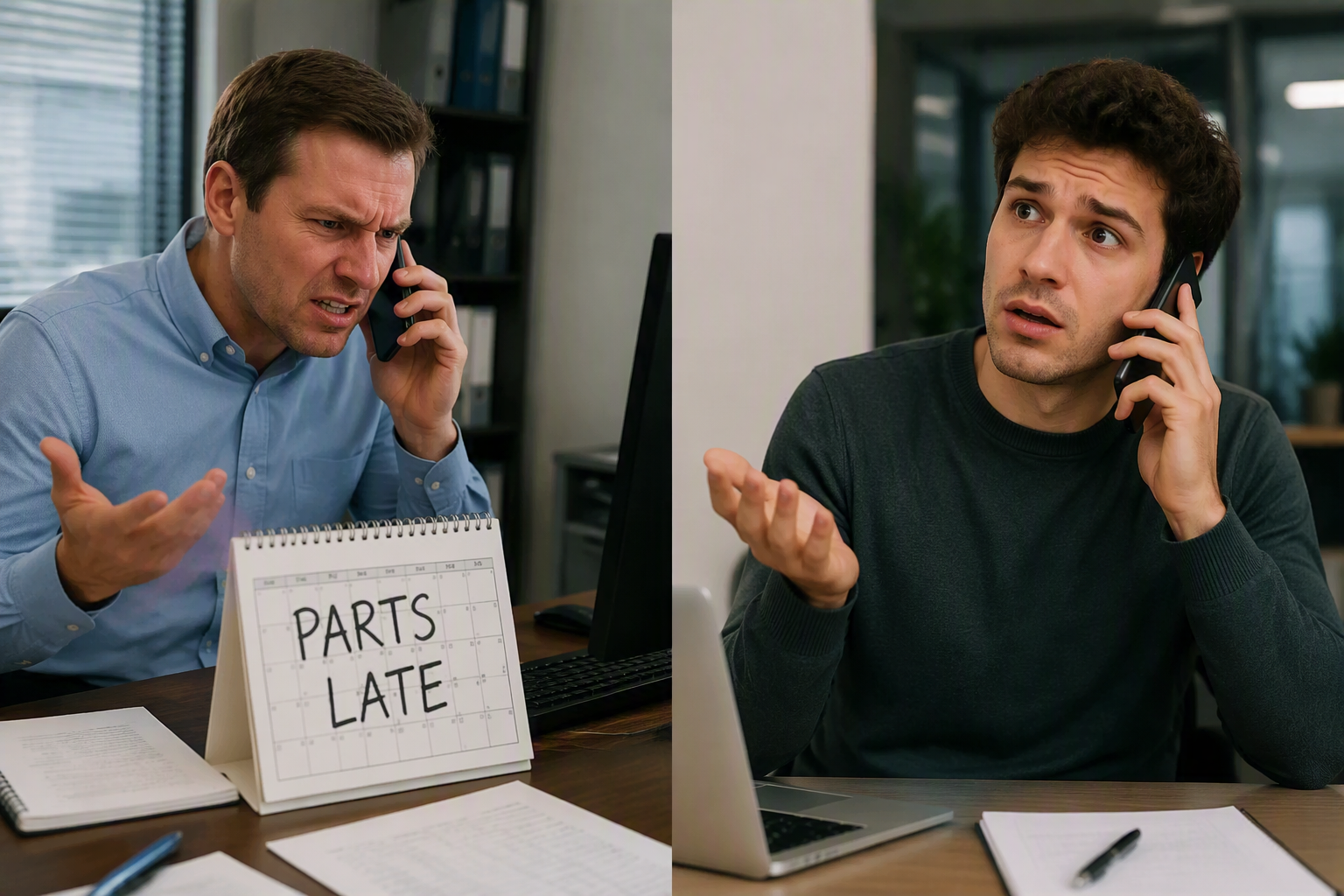 Angry customer on the phone on the left with a sign "PARTS LATE" in front of him and a confused person on the right