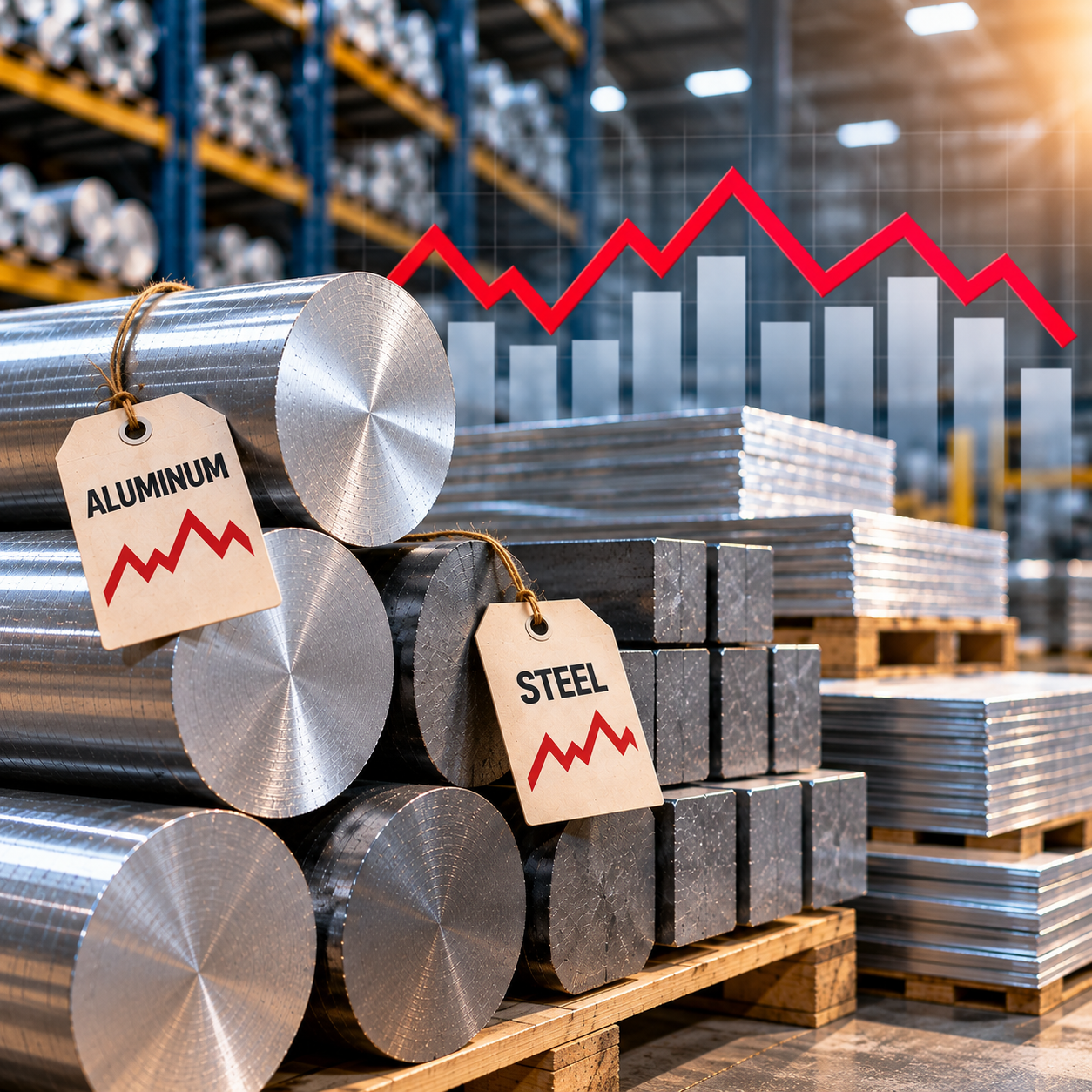Stacks of aluminum and steel with tags showing the peaks and valleys of costs