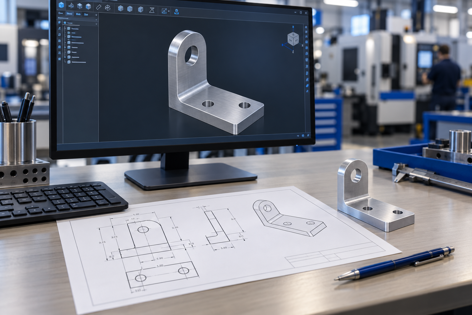A monitor displaying a CAD model of a small machined bracket, with its matching dimensioned drawing on the desk.