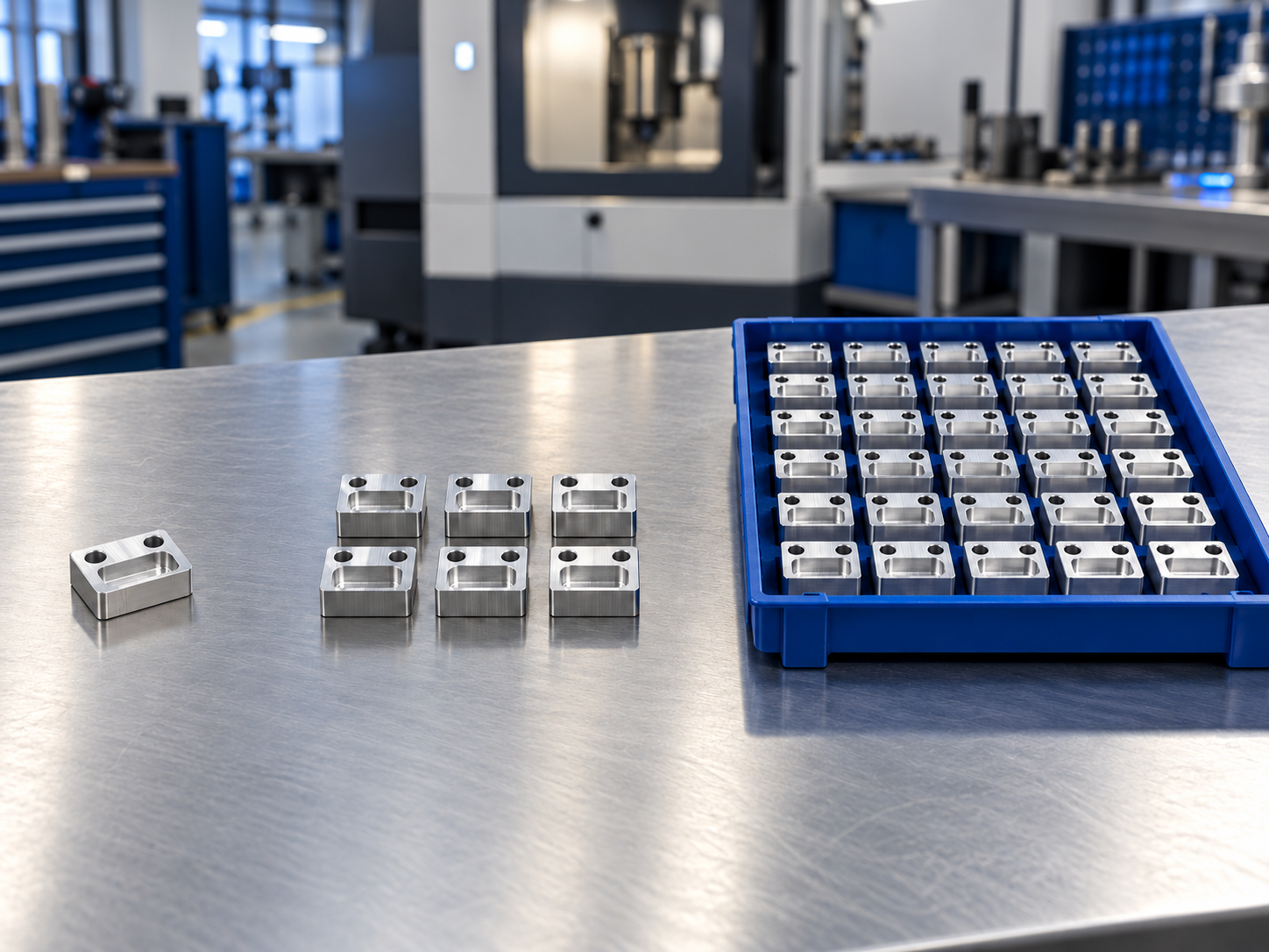 The same generic machined part arranged in three groups: one sample, a small batch, and a larger tray of identical pieces.