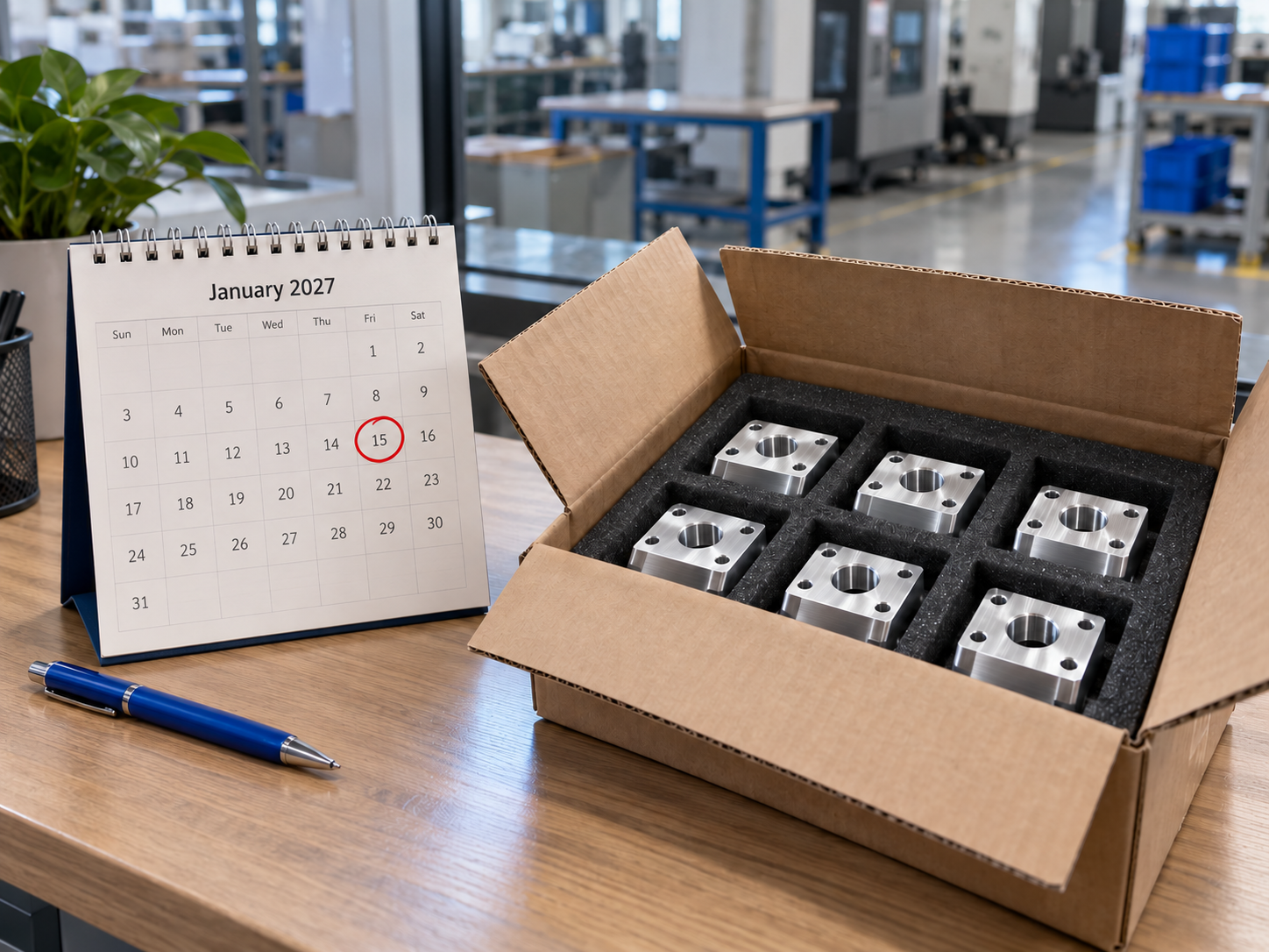 A desk calendar with one date circled, beside a neatly packed box of machined parts. This connects the deadline to arrival at the customer’s facility.