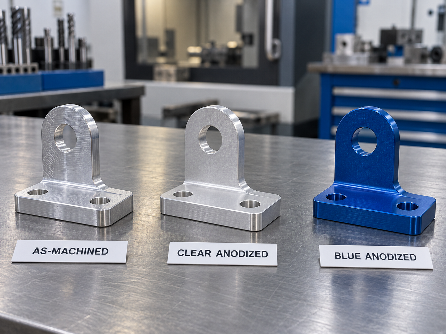 Three identical aluminum parts showing different finishes: as-machined, clear anodized, and blue anodized.