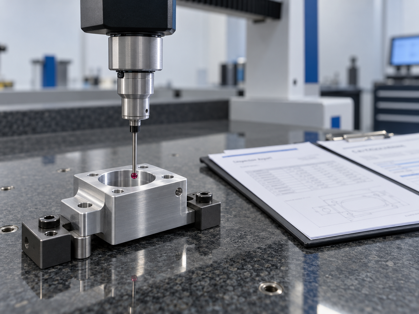 A measuring probe inspecting a small component, beside an inspection report and material certificate.