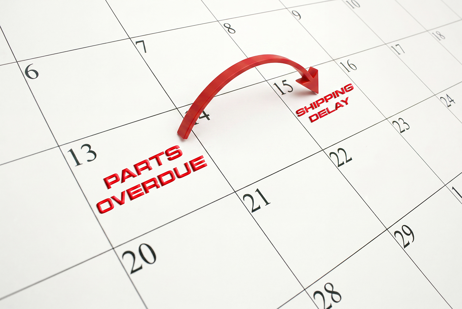 Calendar and shipping box graphic illustrating a delayed delivery of machined parts.