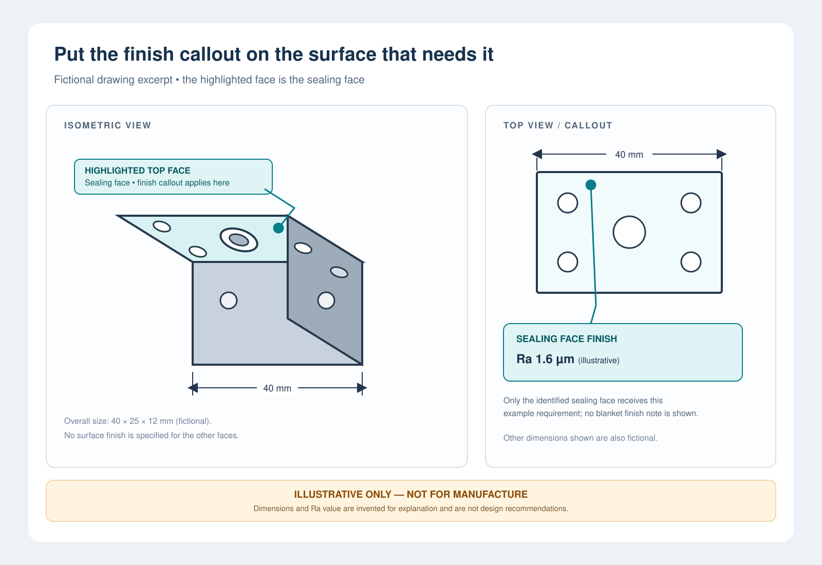 Example drawing showing a surface finish callout applied to a specific sealing face
