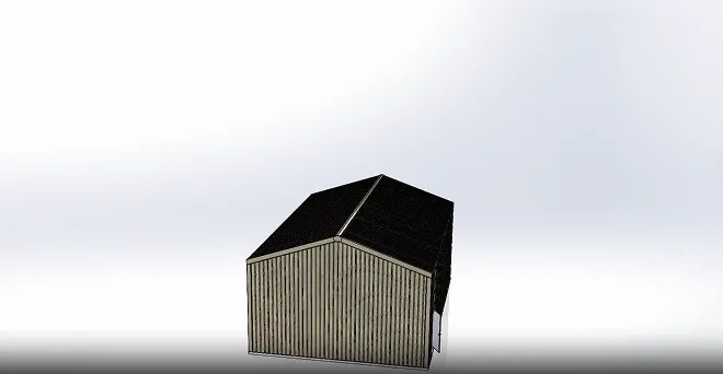 3D model of a small house with a dark roof and vertical wooden panel walls on a plain background.
