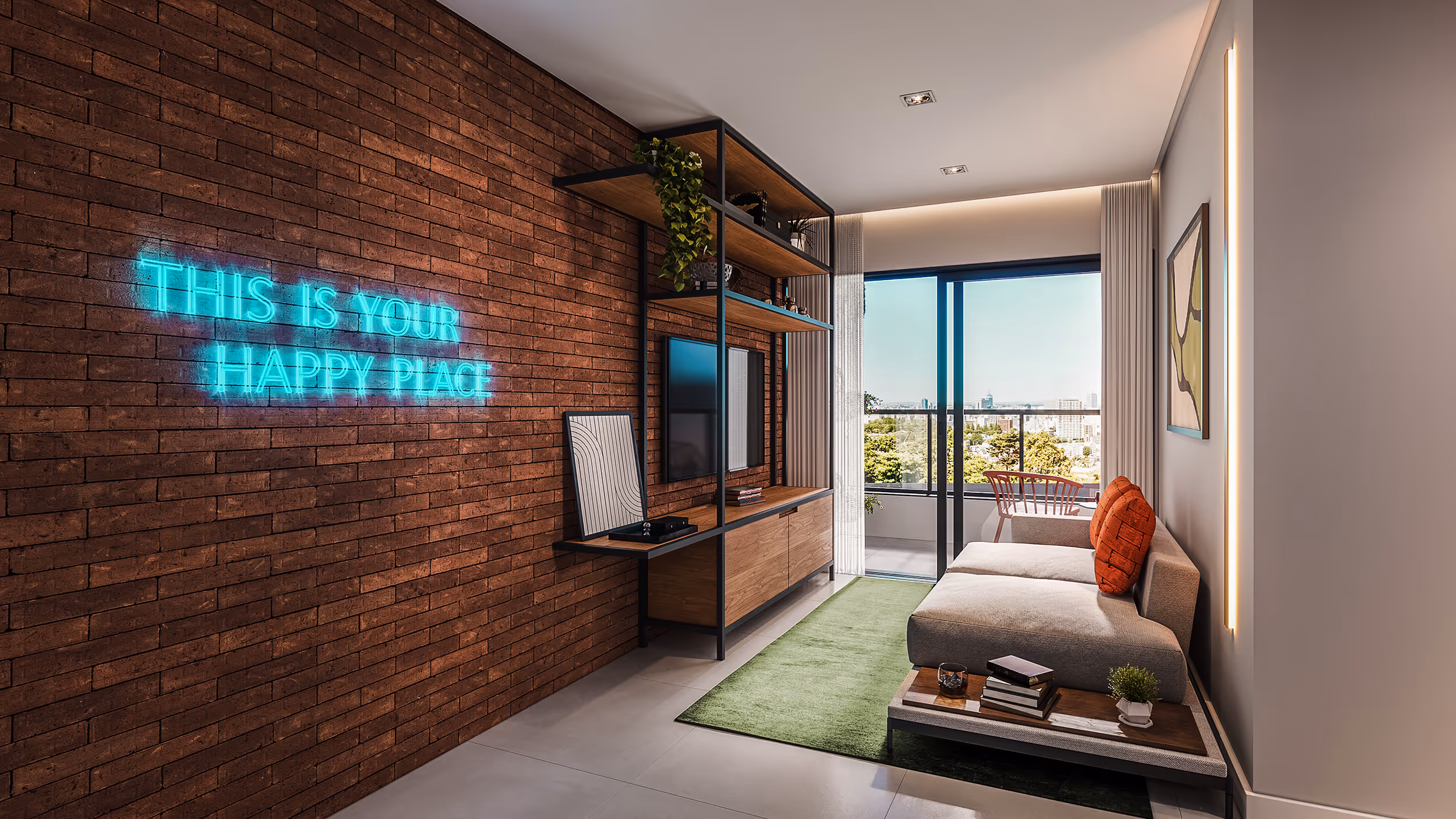 Perspectiva ilustrada do living do apto. de 43 m²