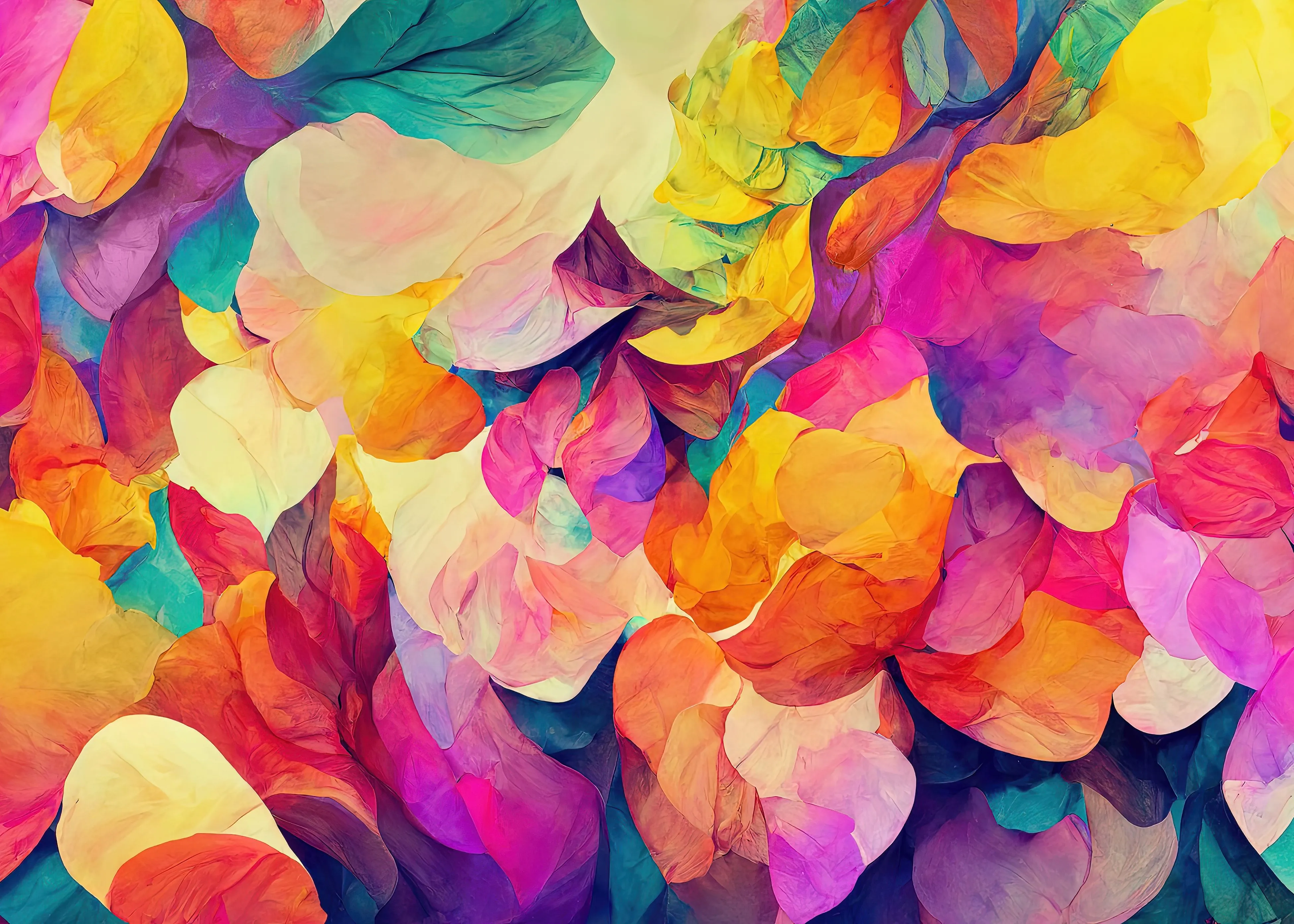A bunch of colorful leaves on a white background.
