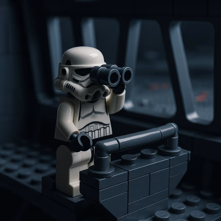 Plastic-brick scout figure with binoculars scanning the battlefield, representing accurate conversion tracking and full data control