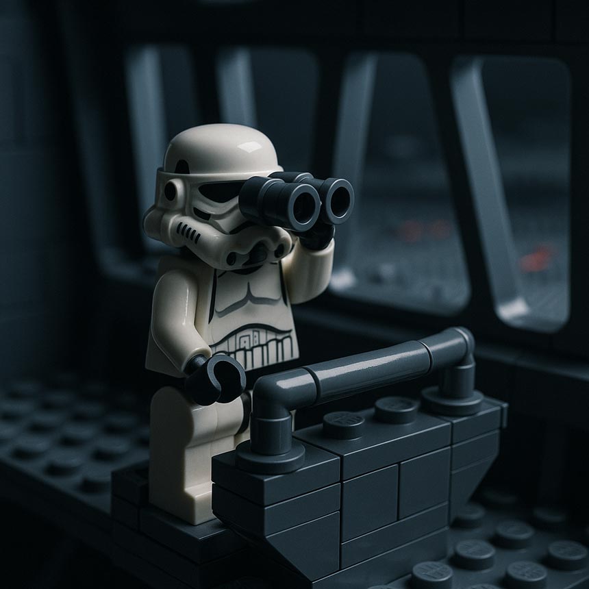 Plastic-brick scout figure with binoculars scanning the battlefield, representing accurate conversion tracking and full data control