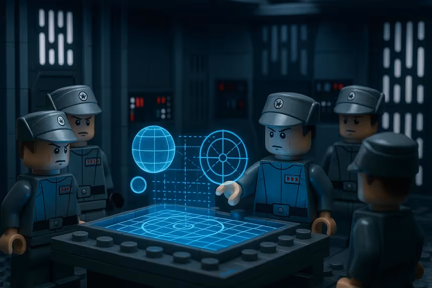 Fictional space officers in a plastic-brick control room analyzing a tactical map, representing strategic PPC auditing and data review