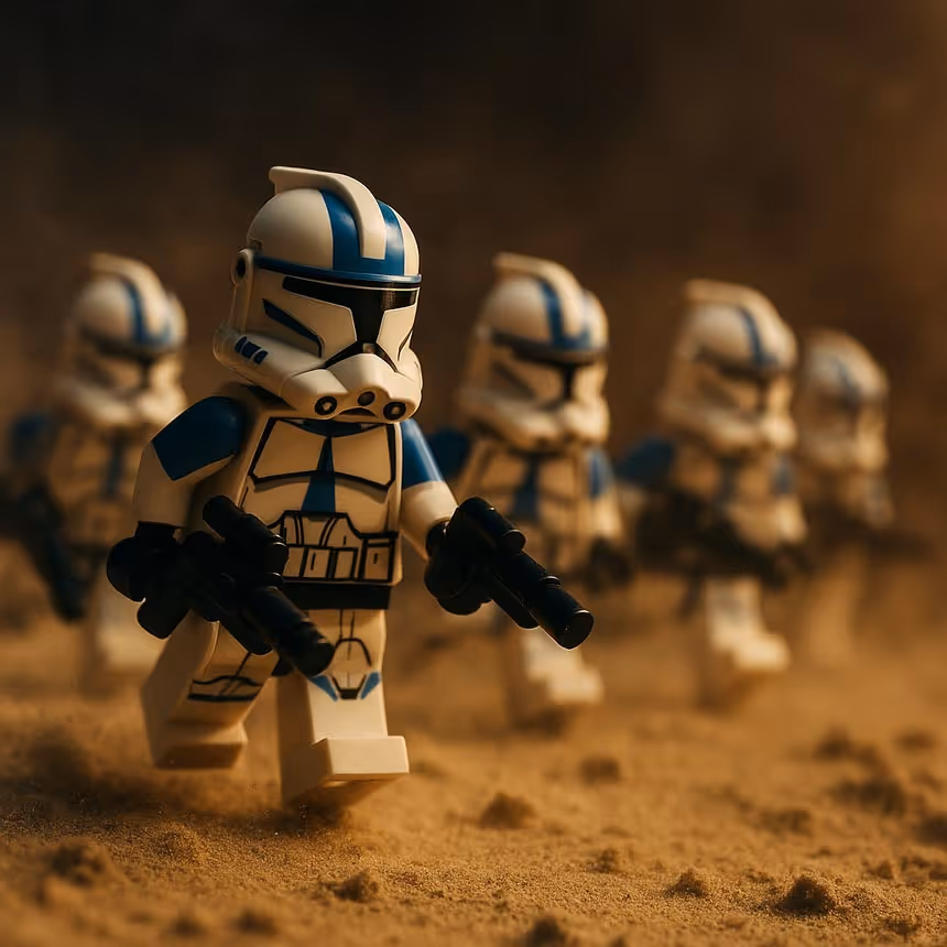 Plastic-brick clone soldiers in formation rushing forward with blasters, symbolizing PPC campaign execution and aggressive scaling