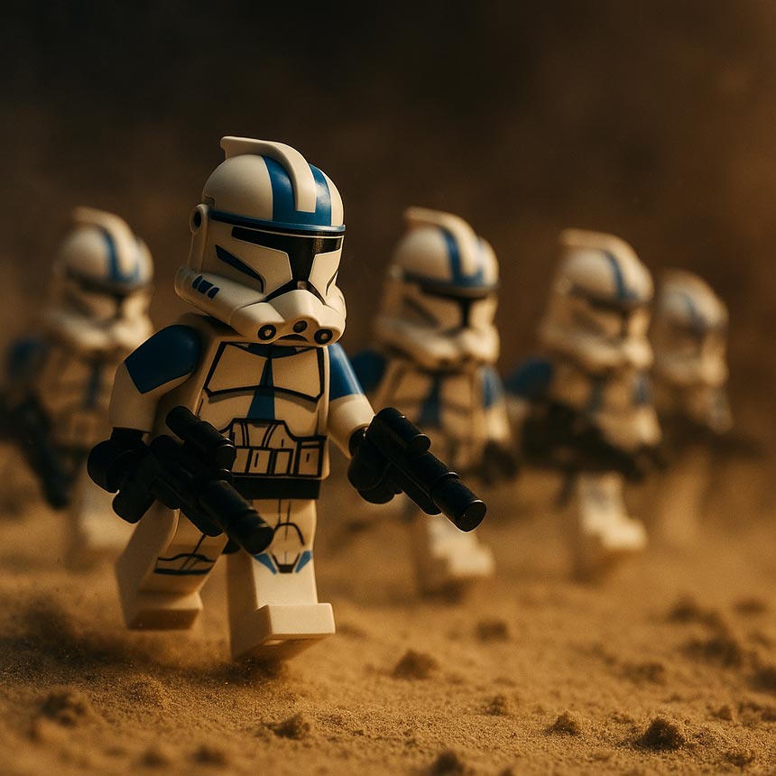 Plastic-brick clone soldiers in formation rushing forward with blasters, symbolizing PPC campaign execution and aggressive scaling