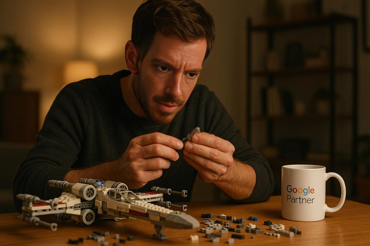 Focused digital strategist assembling plastic bricks on a table, next to a Google Partner mug — symbolizing precision, patience, and performance-driven PPC mindset