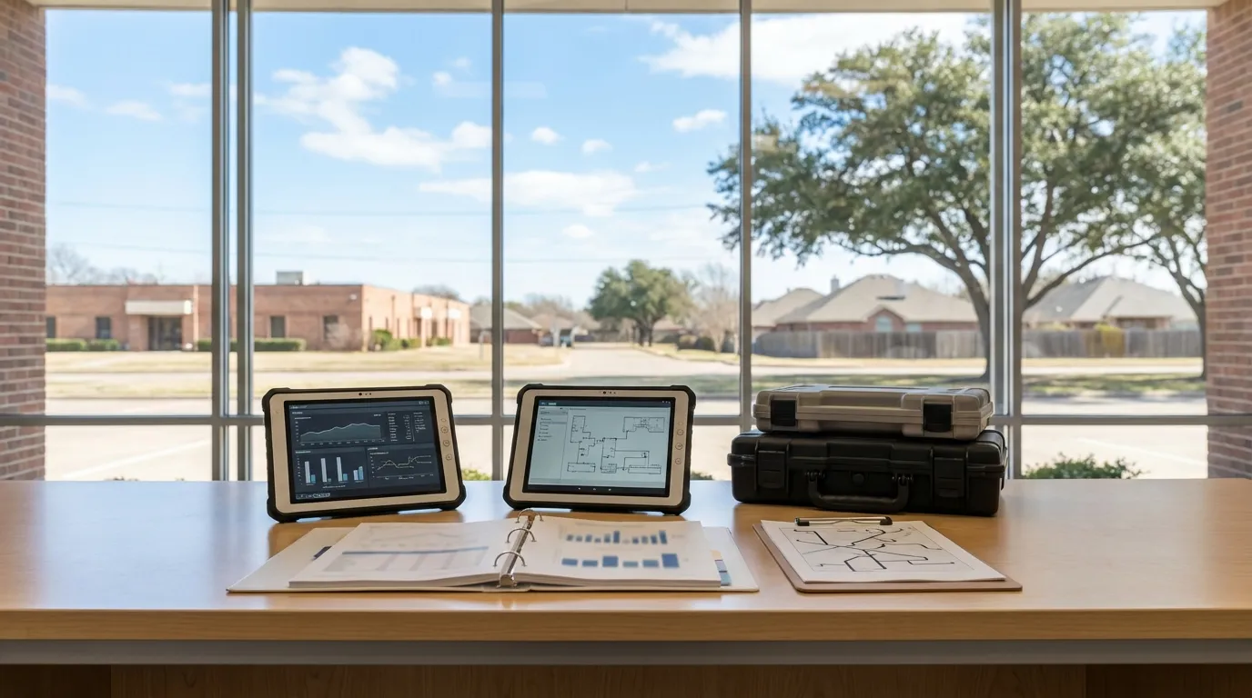Professional HVAC service coordination desk with diagnostic tablets and maintenance schedules, overlooking a North Texas suburban skyline through a large window in a modern commercial office.