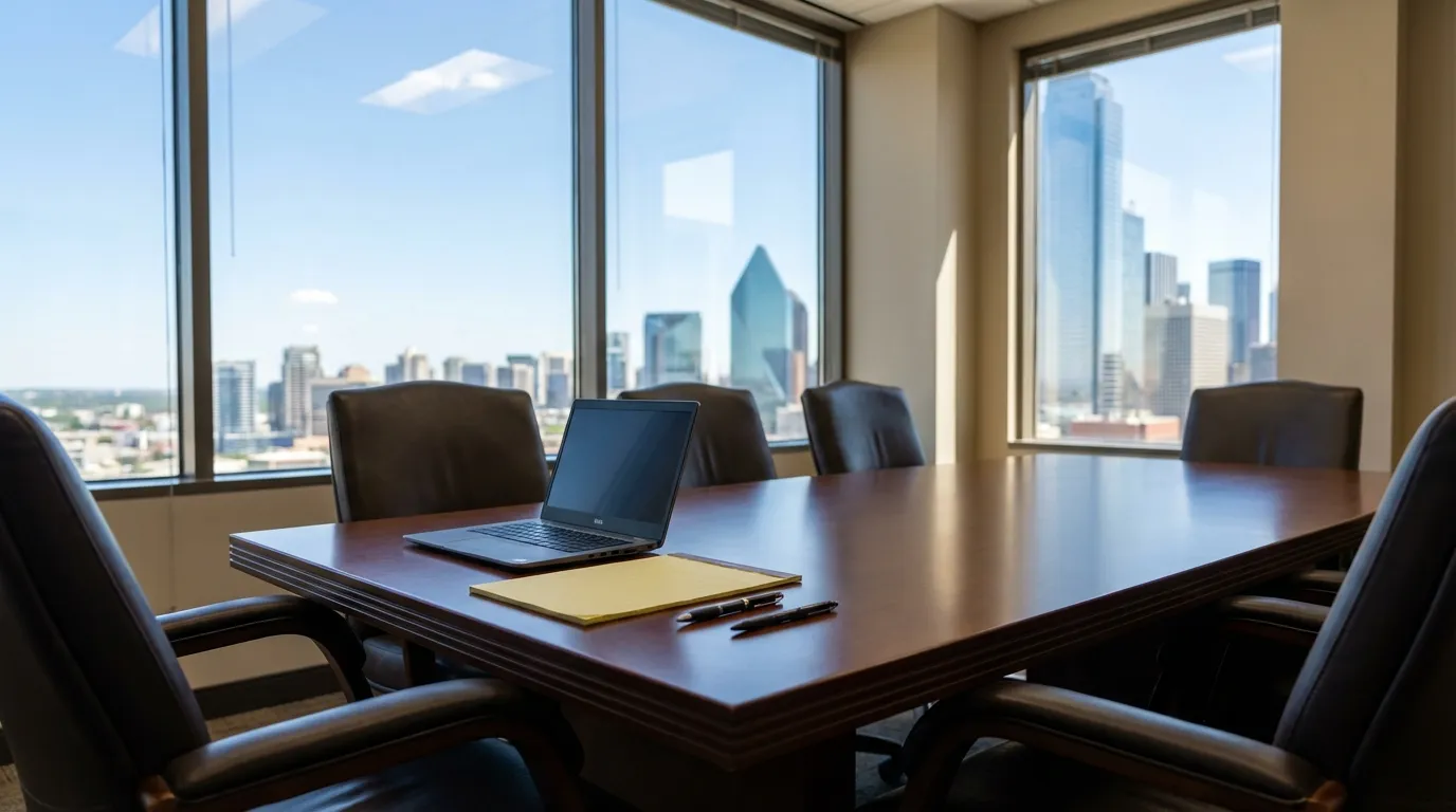 Modern Dallas law firm conference room with a polished table, leather chairs, and floor-to-ceiling windows revealing the downtown Dallas glass tower skyline under a clear blue Texas sky.