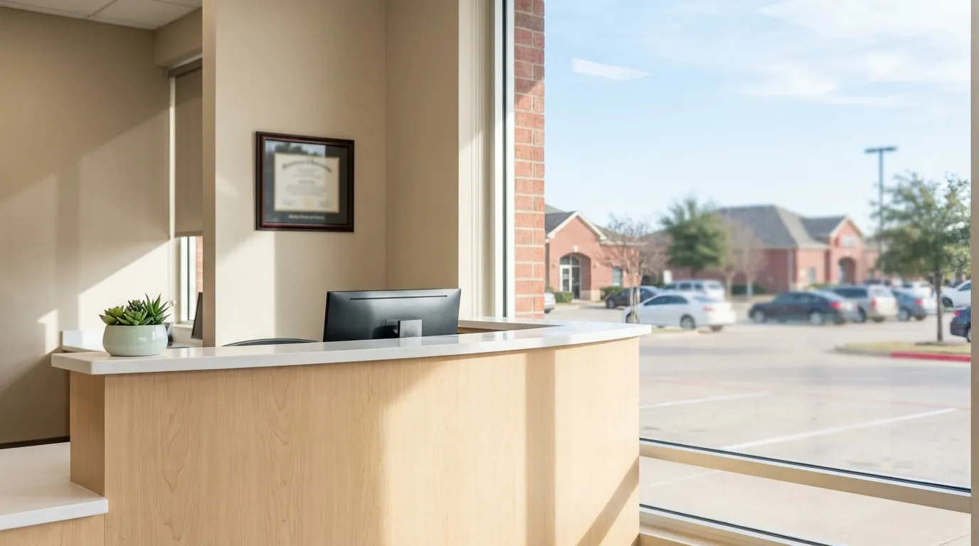 Bright dental practice reception and consultation area with a curved front desk, monitor, and succulent on the counter, with afternoon Texas daylight filtering through a window overlooking a Dallas suburban parking area.