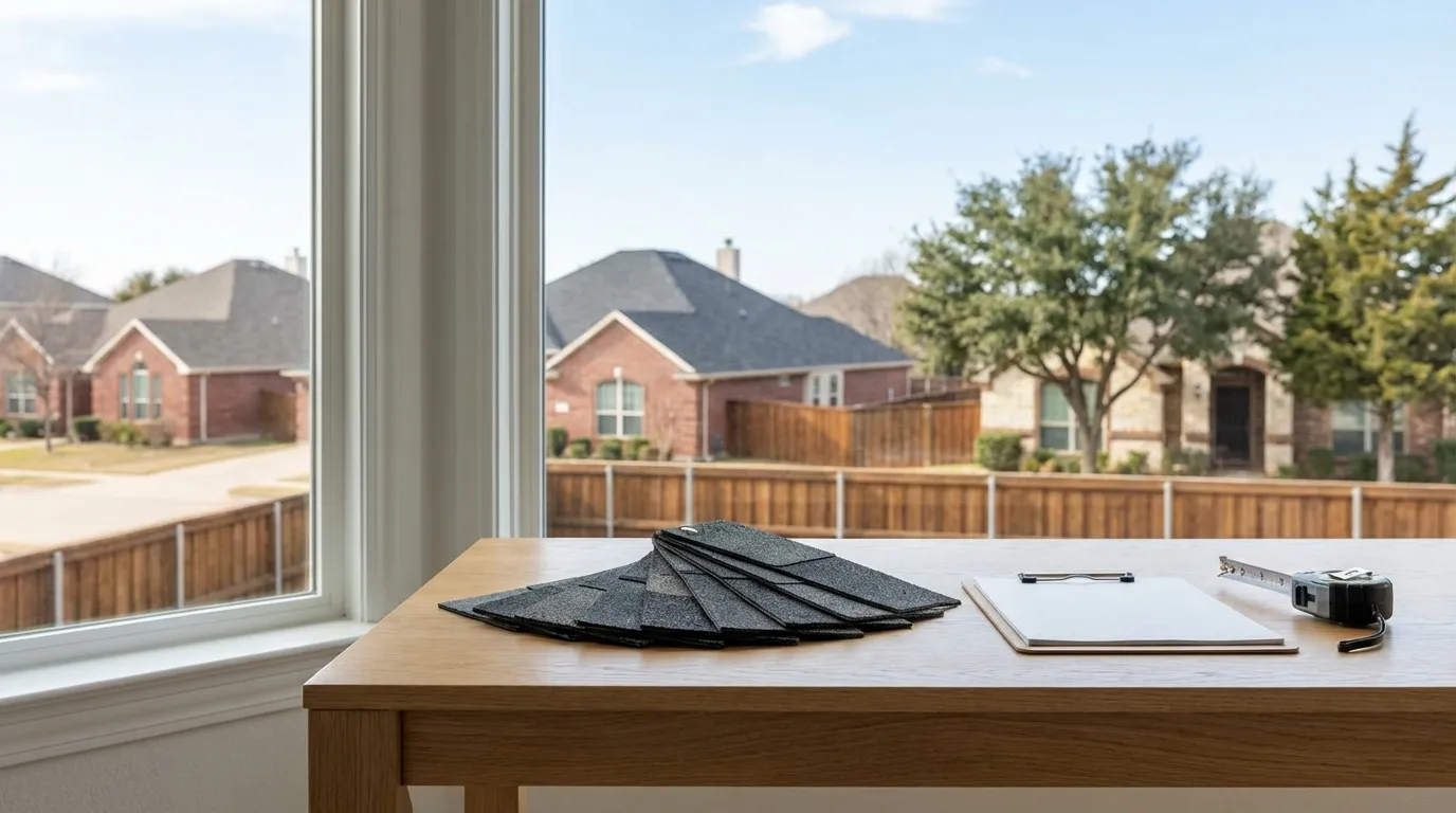 Roofing contractor work desk with asphalt shingle material samples in dark grey and charcoal spread on a wooden surface beside a clipboard and measuring tape, with a window overlooking a flat Dallas neighborhood under bright midday light.