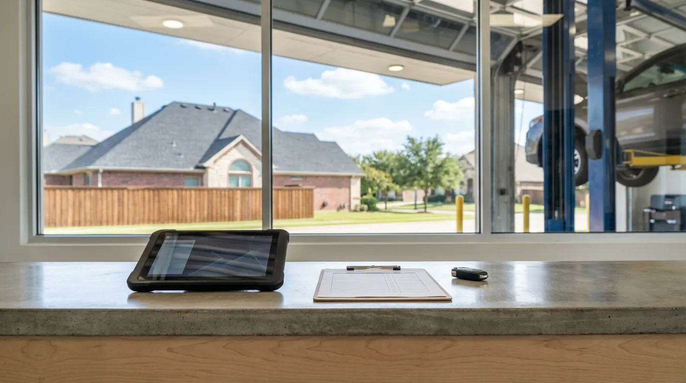 Modern auto shop service advisor desk with a diagnostic tablet and printed inspection checklist, looking through a window into the service bay where a vehicle is visible on a lift under bright shop lighting in Dallas, TX.