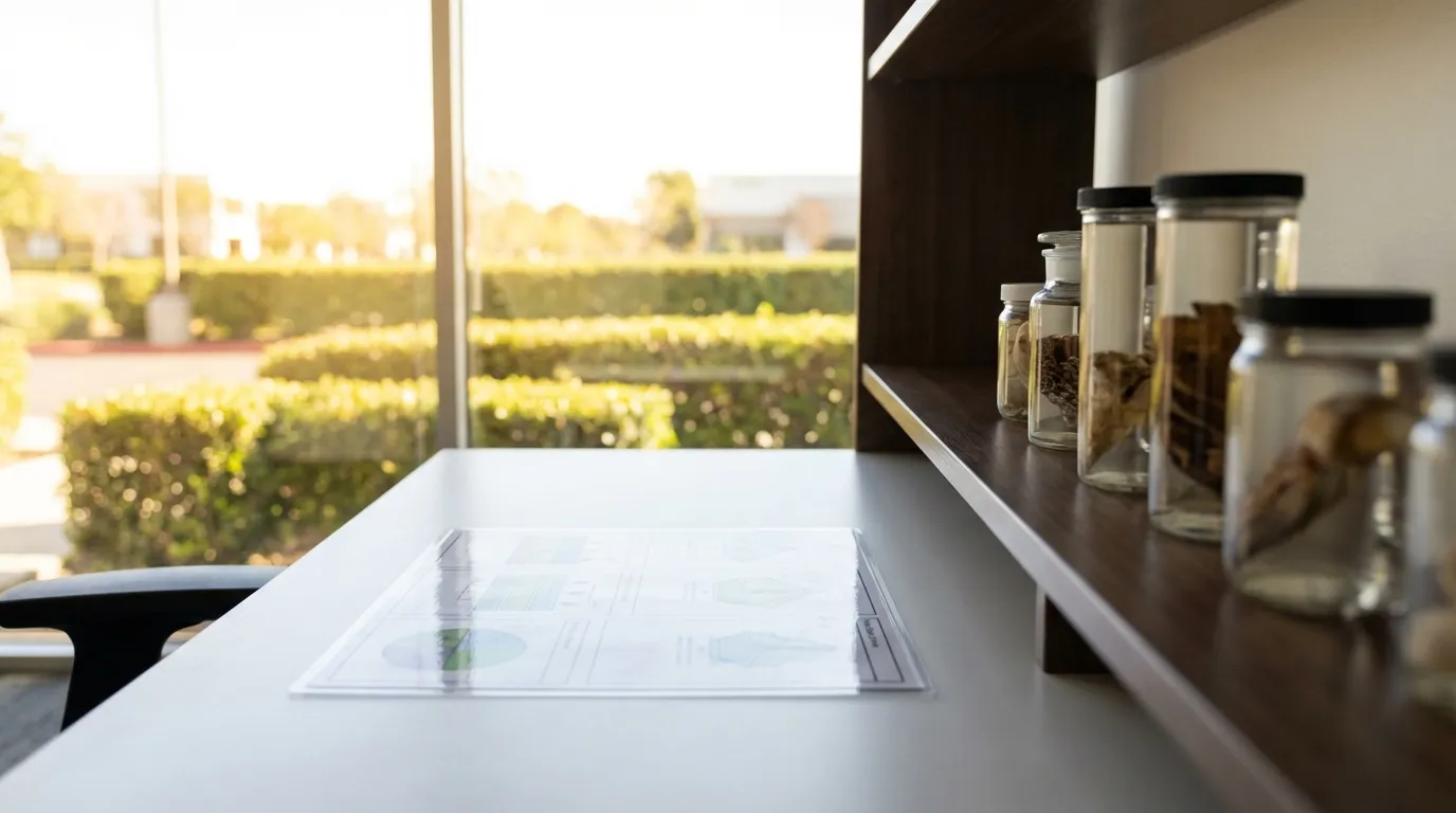 Pest and lawn service office interior with a clean desk, laminated treatment plan chart, and specimen display jars on a back shelf, with a window facing a landscaped corporate park under warm afternoon light in Dallas, TX.