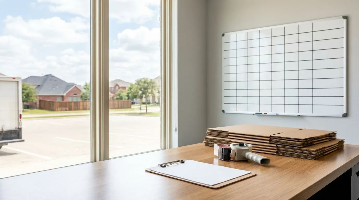 Moving company coordination office with a large blank job schedule whiteboard, a desk with clipboard and tape gun, and a stack of flat-packed moving boxes in the corner, with a window showing a wide Texas sky and partial view of a moving truck outside.