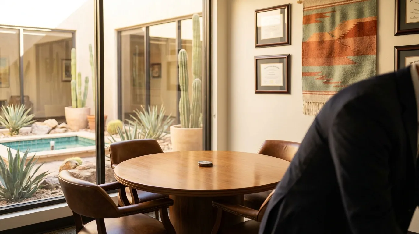 Modern Phoenix boutique law office reception area with desert-modern design and Arizona art in a professional suite