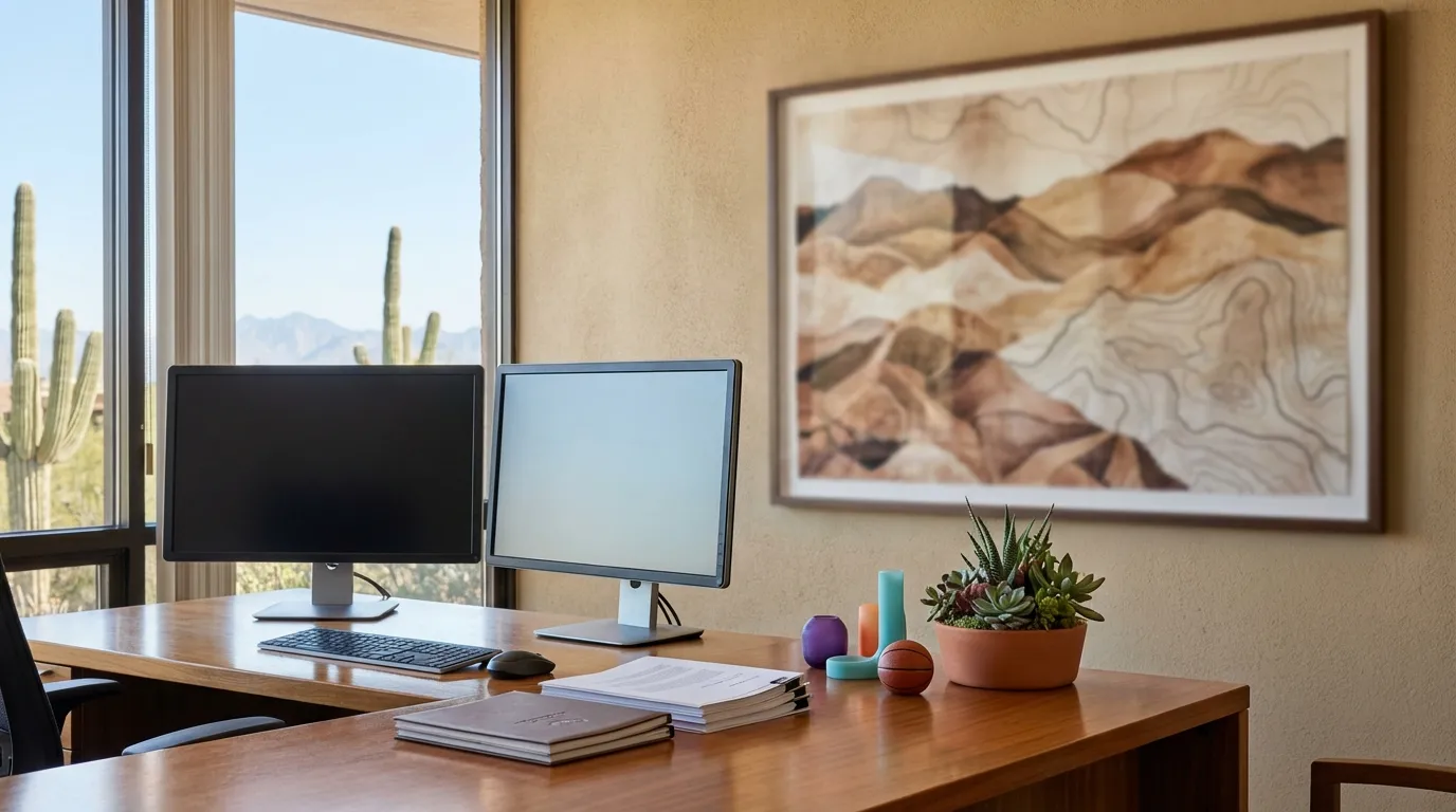 Newly listed stucco and tile-roof home at golden hour in a Phoenix residential neighborhood with desert landscaping and South Mountain in the background