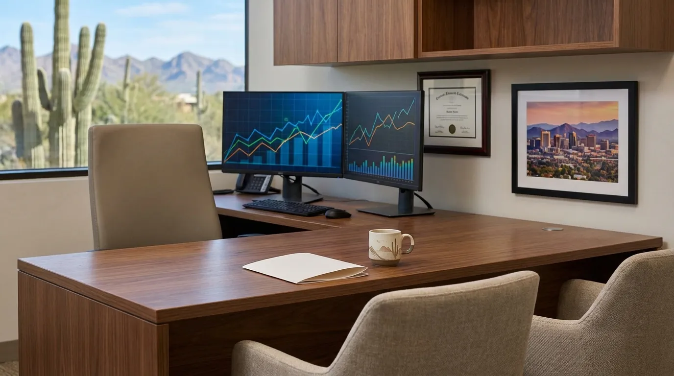 Independent financial advisory office in North Scottsdale with Camelback Mountain visible through large windows and desert modern interior design