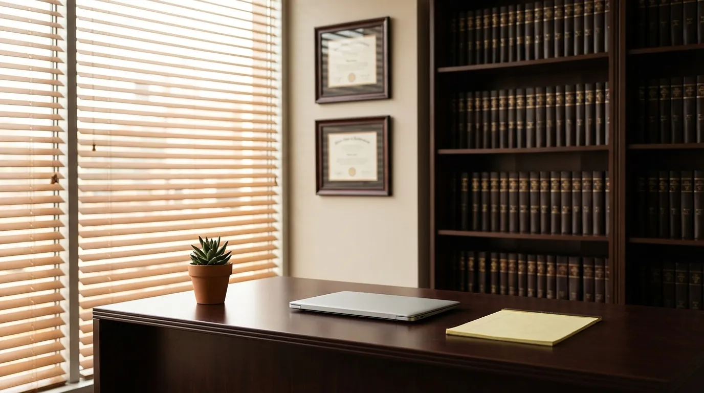 Professional law office interior with legal documents and city light in Houston, TX