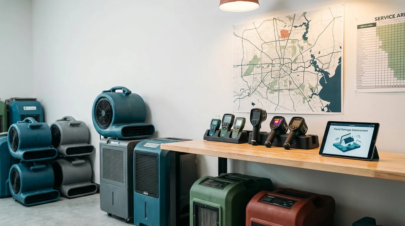 Professional water damage restoration equipment staging area with industrial dehumidifiers in Houston, TX
