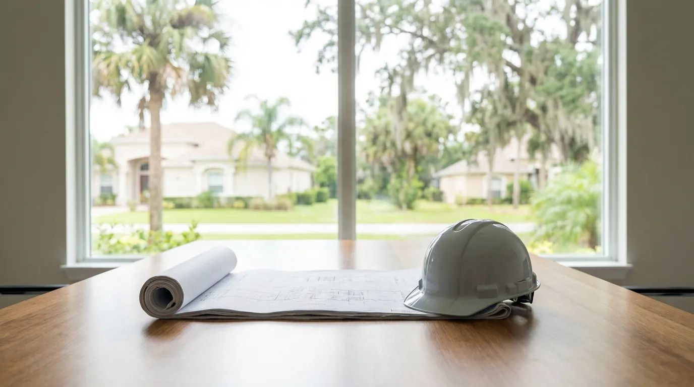 General contractor jobsite desk with blueprints and tools for construction PPC in Jacksonville, FL