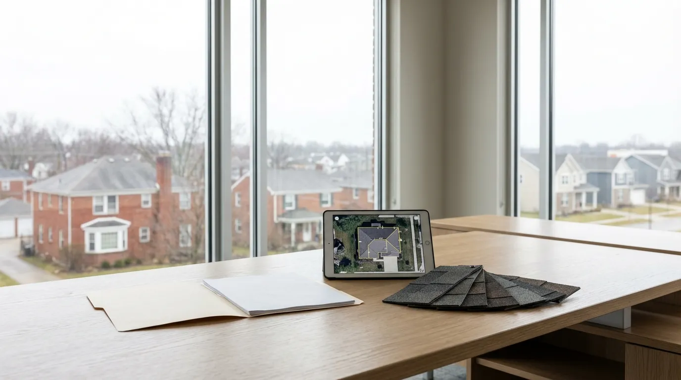 Professional roofing contractor reviewing insurance claim estimate in a Columbus, OH office — MB Adv Agency