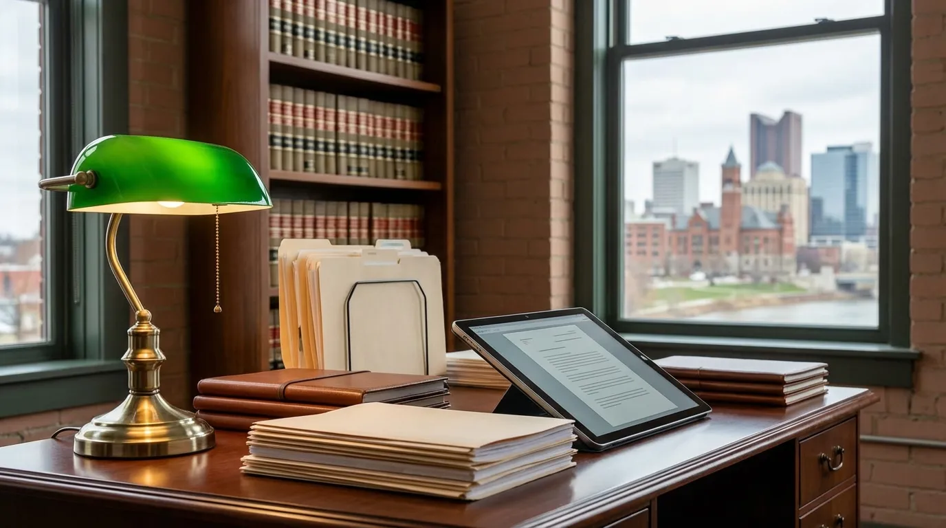 Attorney's desk overlooking downtown Columbus, OH with organized case files and legal documents — MB Adv Agency