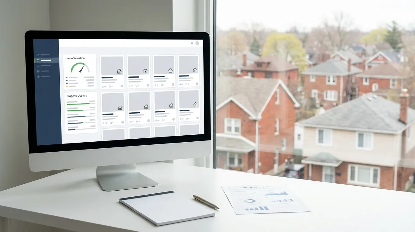 Real estate agent reviewing Columbus, OH property listings and market data at a professional office desk — MB Adv Agency