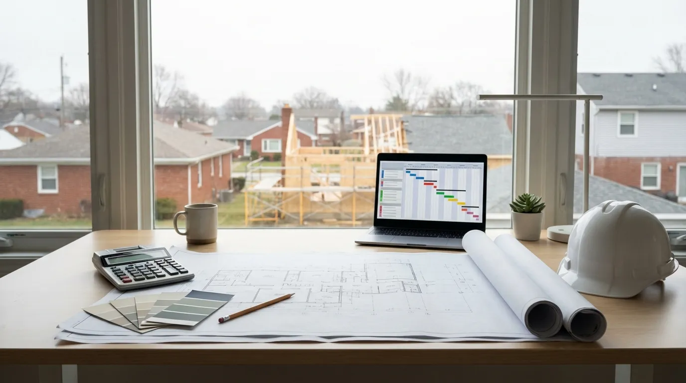 General contractor reviewing construction blueprints for a Columbus, OH residential remodeling project — MB Adv Agency