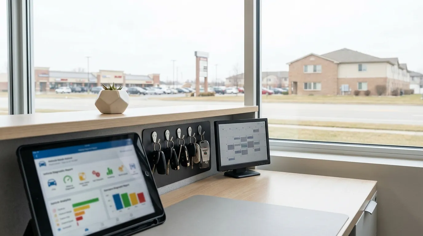 Automotive service advisor at a Columbus, OH independent auto repair shop reviewing vehicle diagnostic report — MB Adv Agency