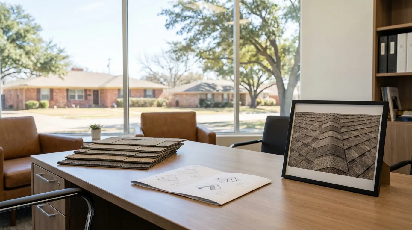 Professional roofing contractor office with insurance estimate materials in Fort Worth, TX