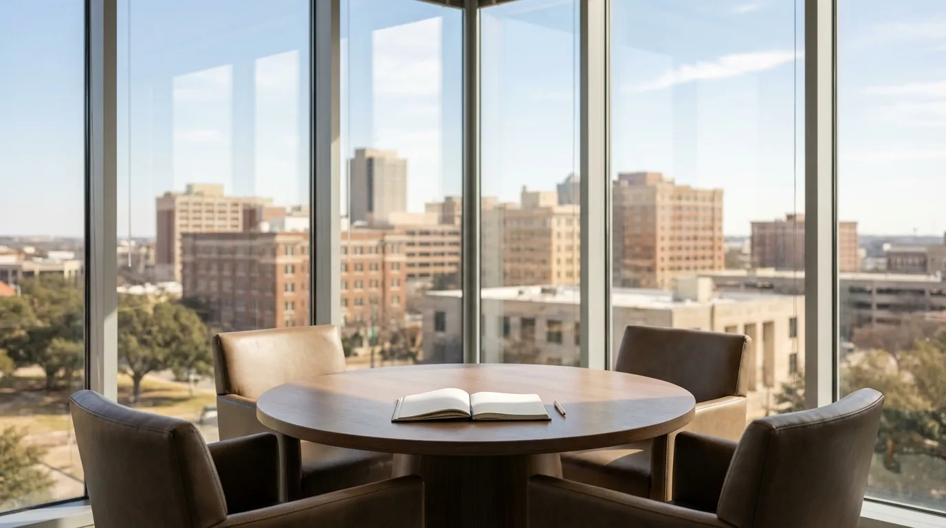 Professional law office conference room with Fort Worth skyline view